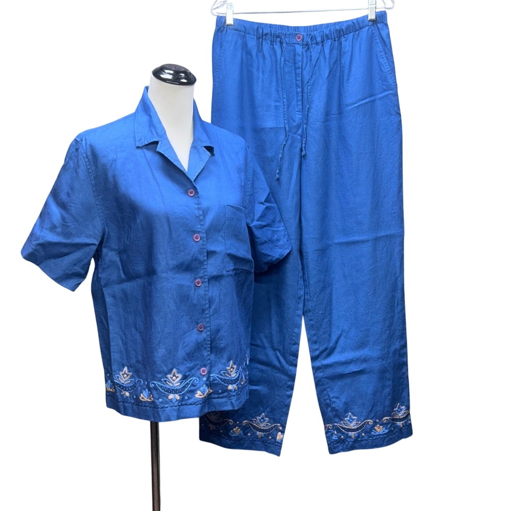 JM Collection Pant Set Women Large Blue Linen Embroidered Short Sleeve Coastal